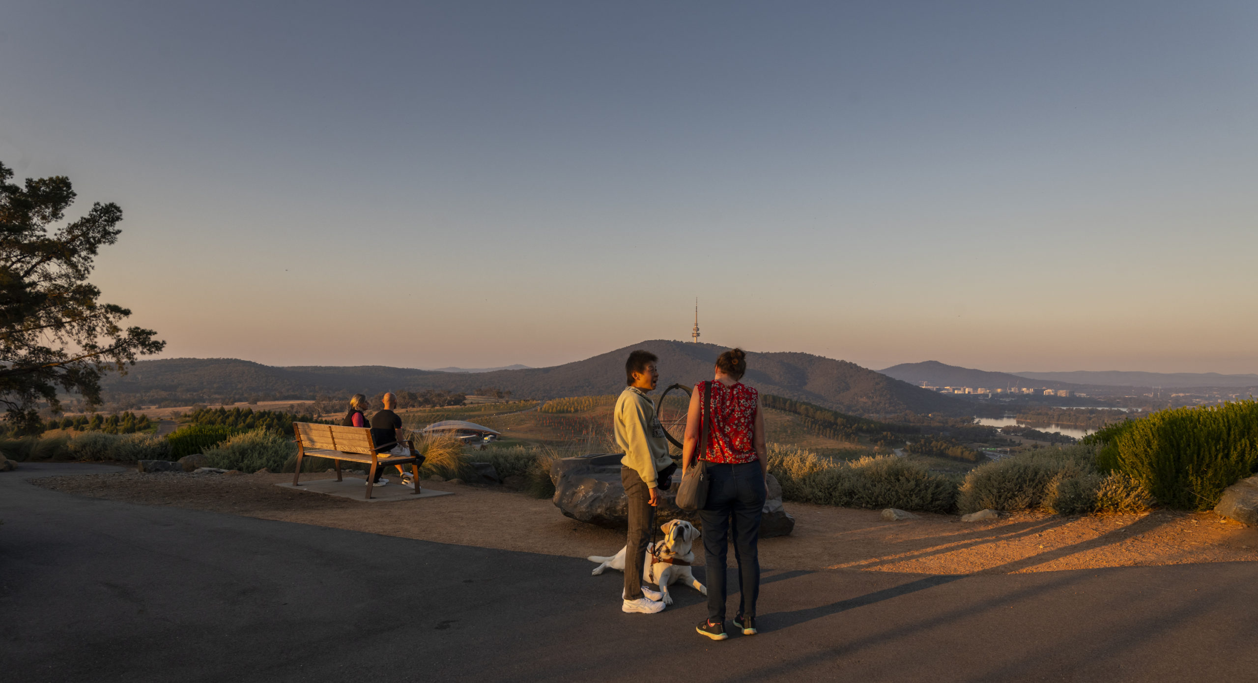 A splendid view of Canberra from the National Arboretum at sunset is admired by two groups of people: sitting on a bench are a deaf woman and a leg amputee, and standing at the forefront a blind woman is chatting with a friend in a red blouse.